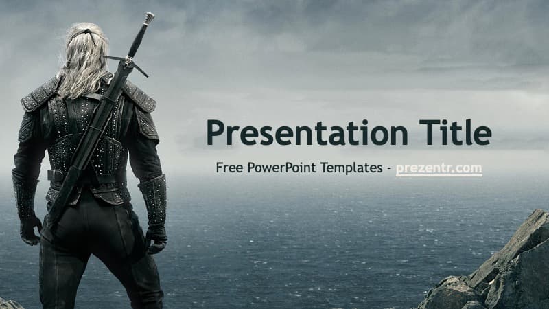 A warrior with white hair and sword stands before a stormy sea in The Witcher PowerPoint Template cover slide