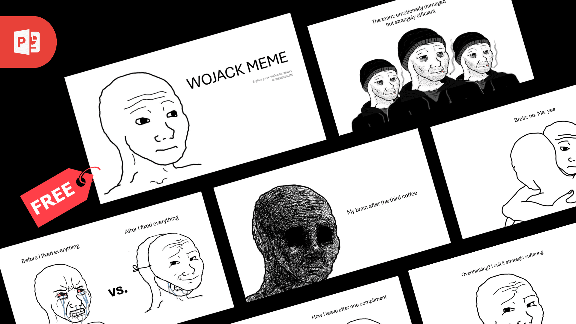 Wojack Meme Template cover slide featuring simple line-drawn characters in various expressions on black background