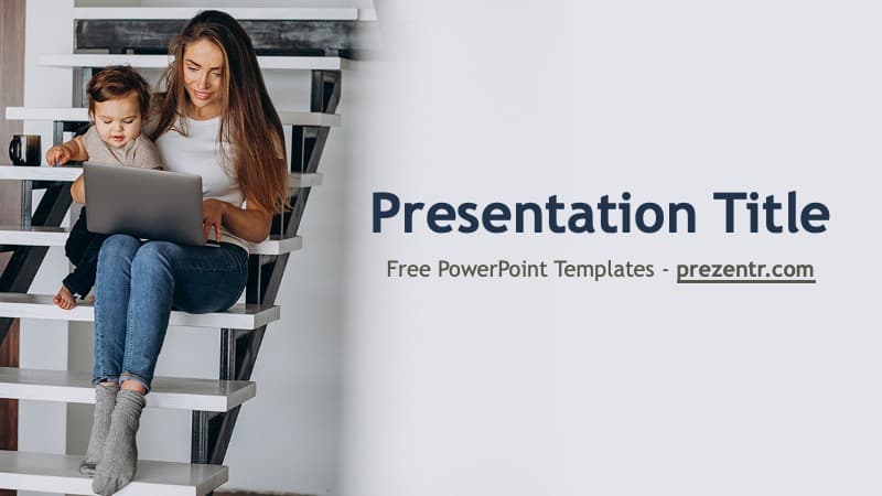 Woman and child on modern shelving using laptop, white background, navy title text for Working from Home PPT Template