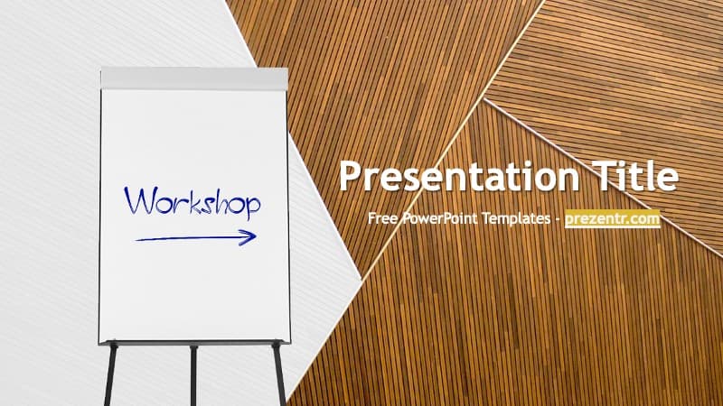 Workshop PowerPoint Template cover slide with whiteboard and wooden background design