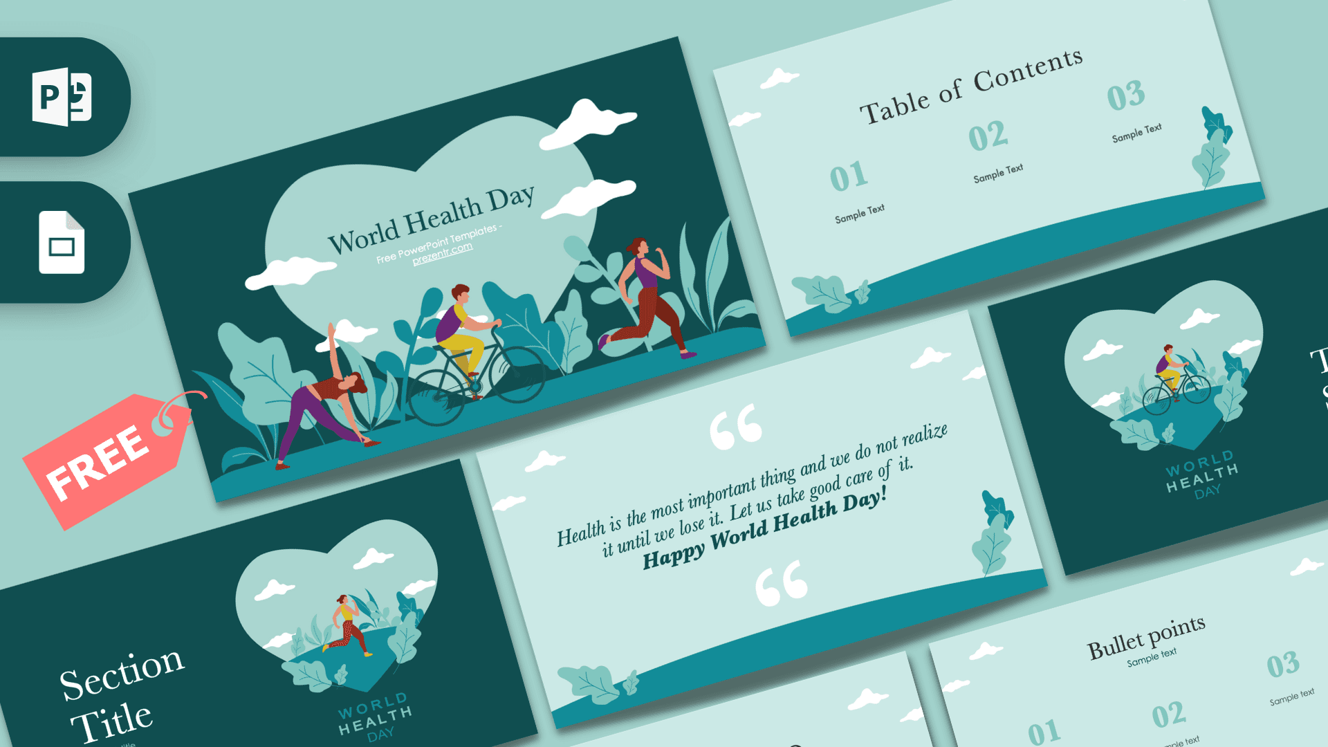 World Health Day PowerPoint template cover with teal design, running figures, and nature elements