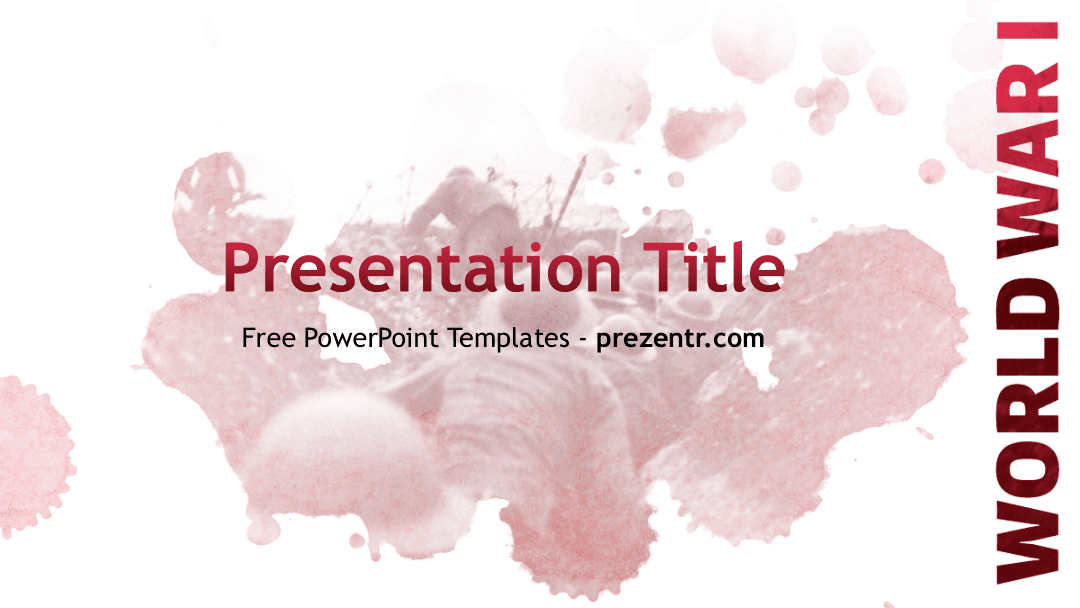 WWI PowerPoint Template cover slide with pink watercolor splashes and centered burgundy title text