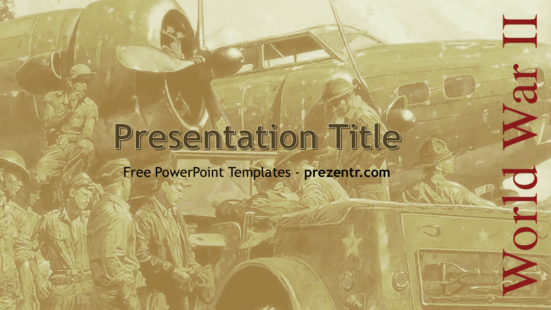 WWII PowerPoint Template cover slide with sepia-toned soldiers and military vehicles