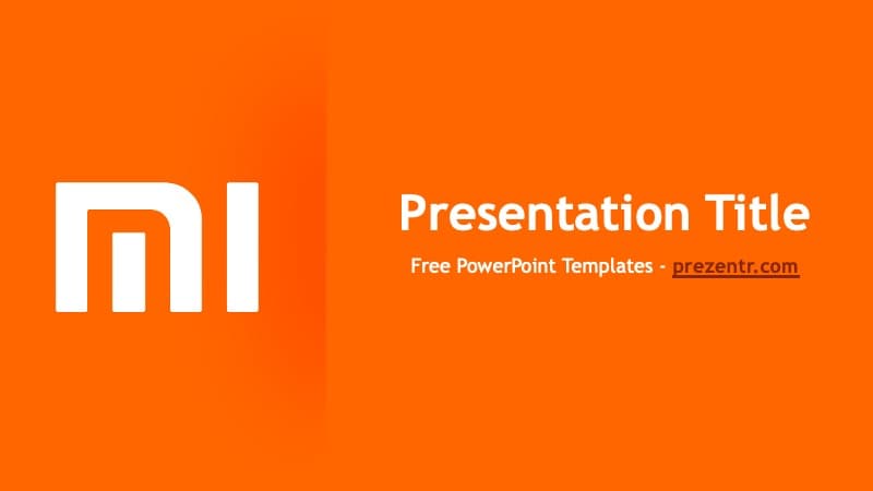 Xiaomi PowerPoint template cover slide with orange background, white logo, and "Presentation Title" text