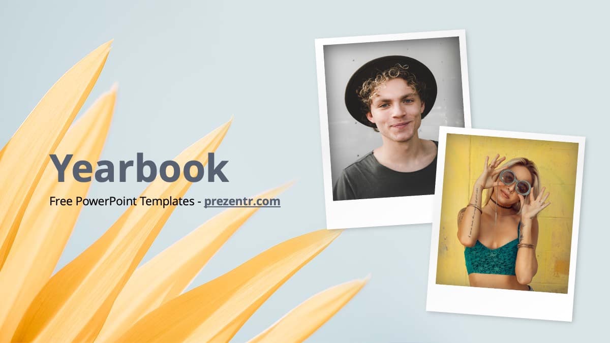 Yearbook PowerPoint template cover slide with yellow striped design and two student photo polaroids