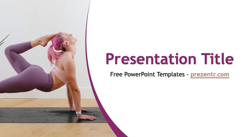 Woman in yoga pose on mat against purple curved design with Presentation Title text on right in Yoga PowerPoint Template