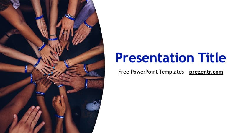 Multiple diverse hands stacked together in unity on dark background, Youth PowerPoint Template cover slide with blue text