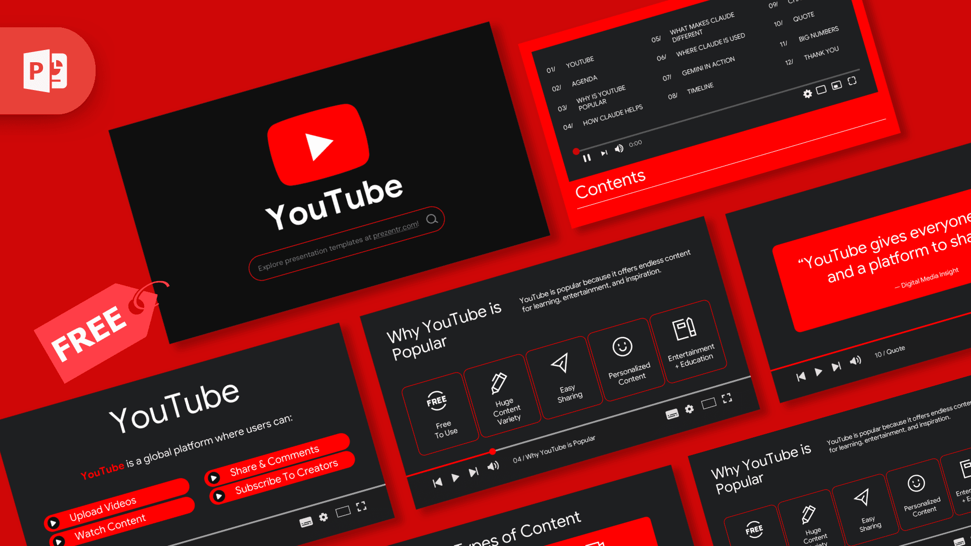 YouTube PowerPoint Template – preview of all slides