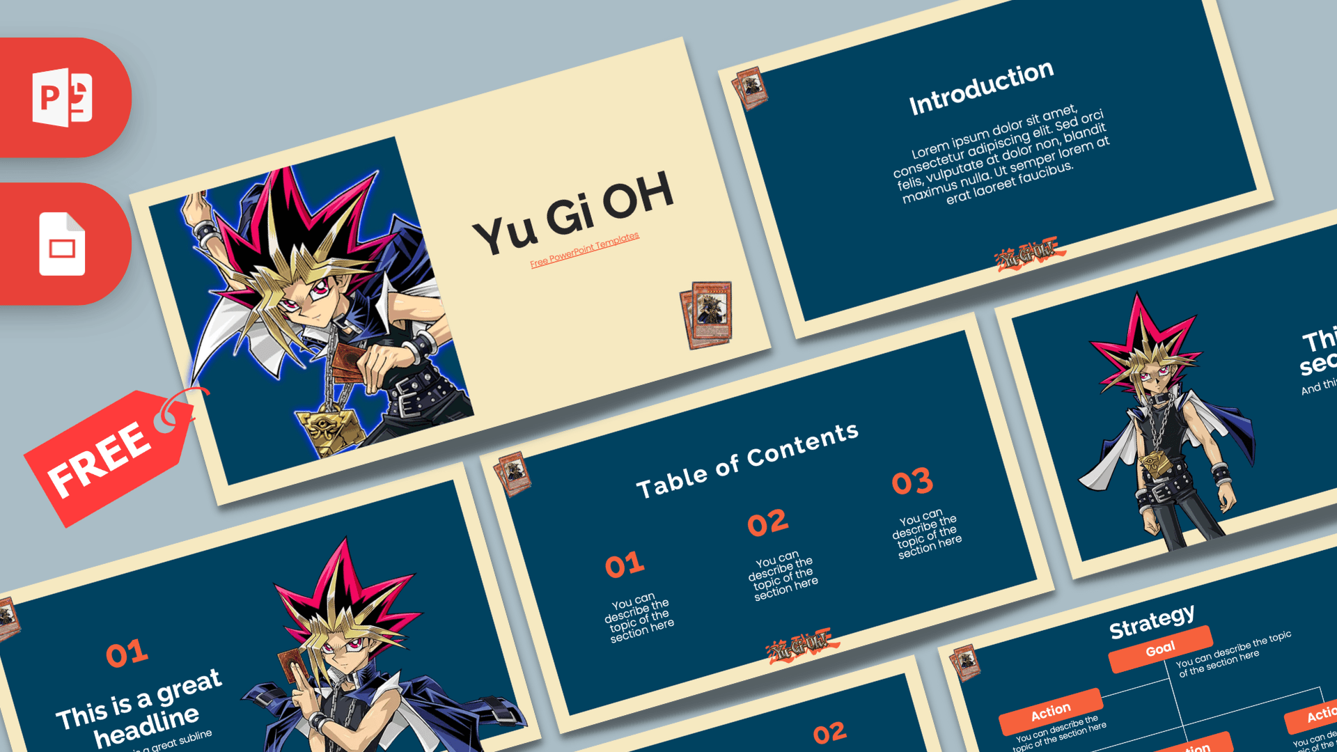 Yu Gi Oh PowerPoint template cover slide with anime character, teal and cream layout design