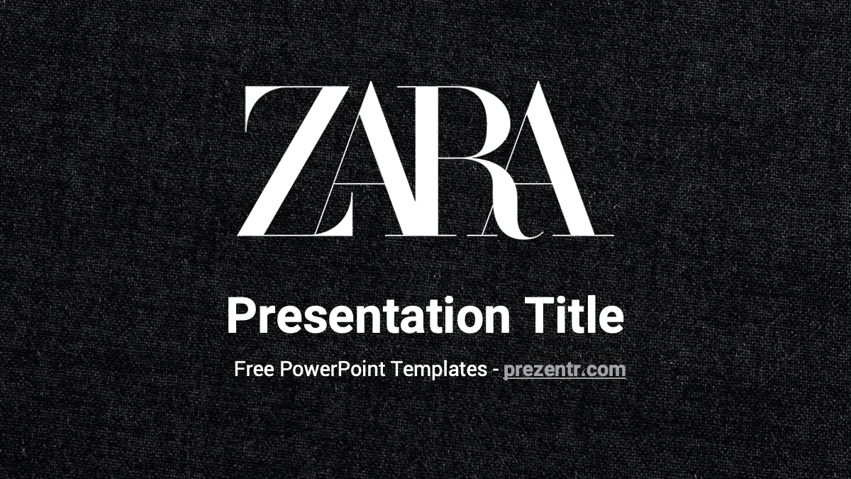ZARA PowerPoint template cover slide with white logo and text on black textured background