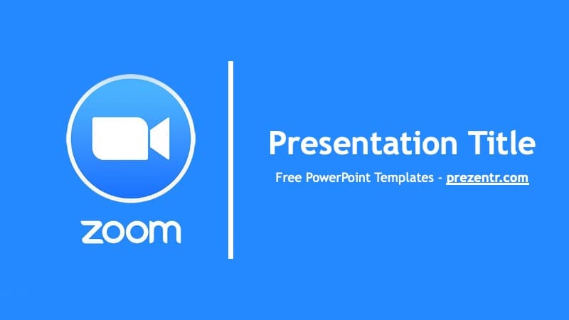 Zoom PowerPoint template cover slide with blue background, white video camera icon, and centered title text