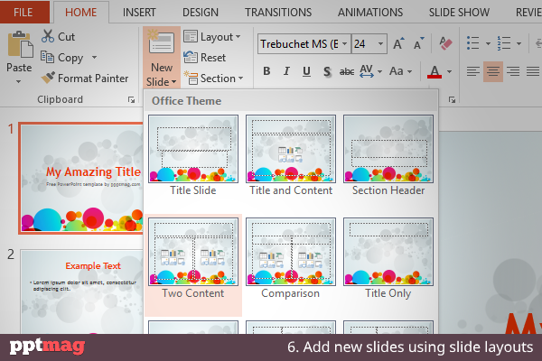 Add new slides using slide layouts